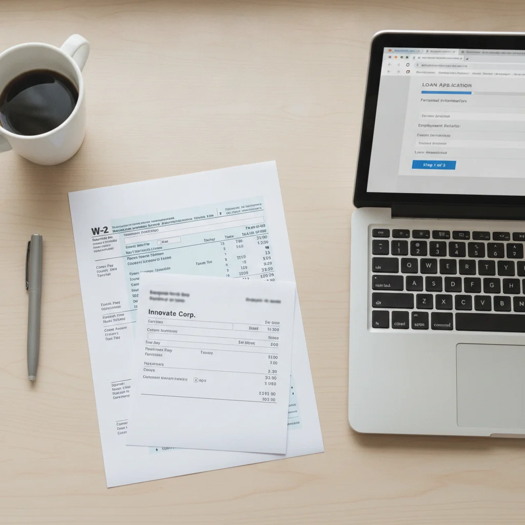 W-2 form, pay stub, and laptop with loan application form laid out on a desk