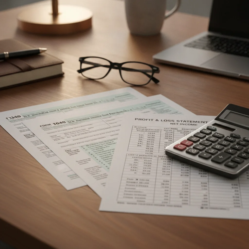 Federal tax return documents and profit and loss statement spread on a desk with a calculator