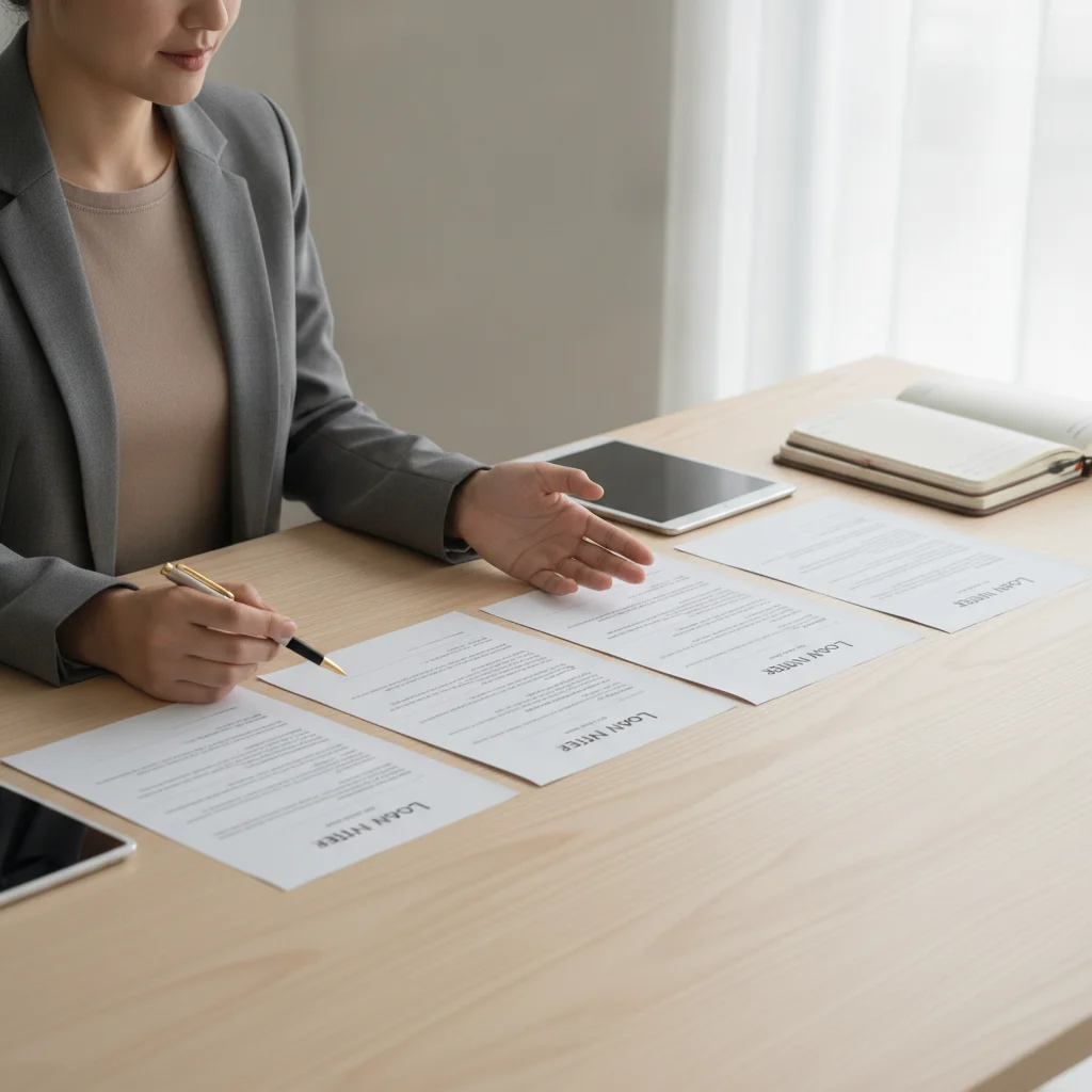 Person comparing multiple printed auto loan preapproval offer letters laid out side by side on a desk