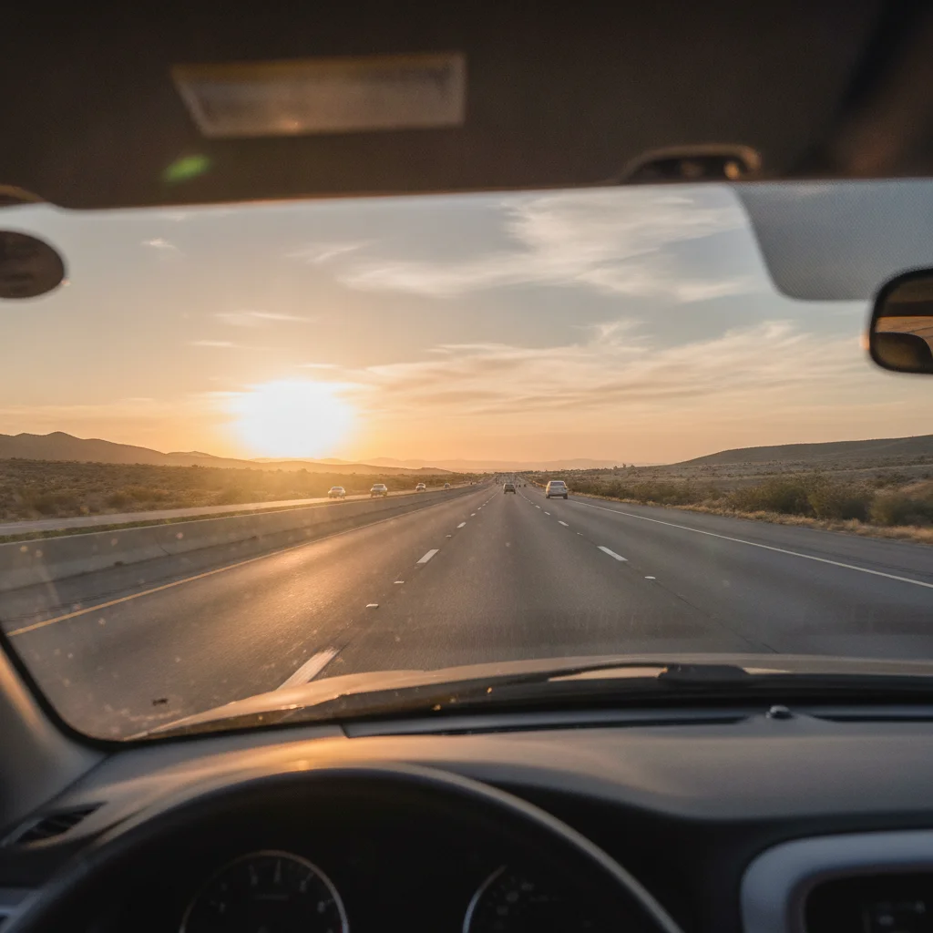 View from inside a car looking through windshield at an open highway in early morning light