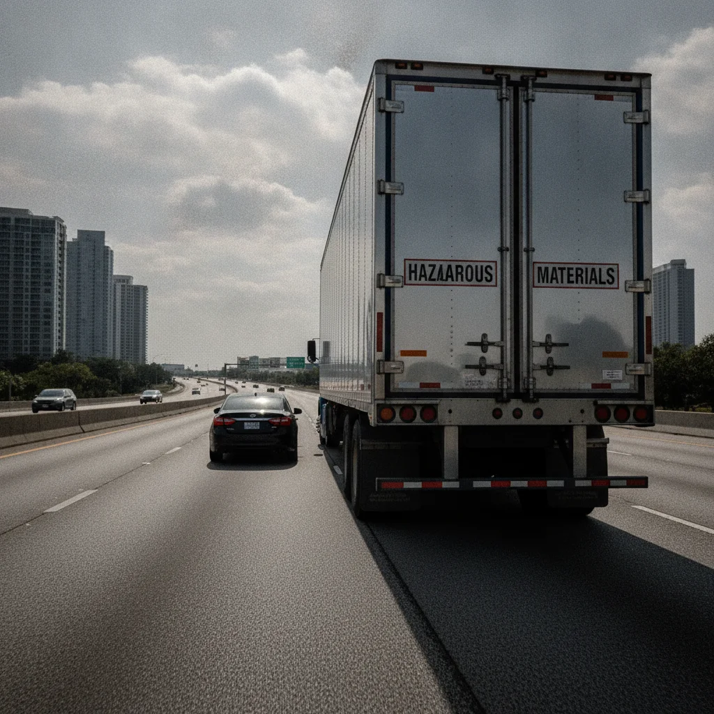 Small car following dangerously close behind a large semi-truck on a highway, illustrating drafting risk
