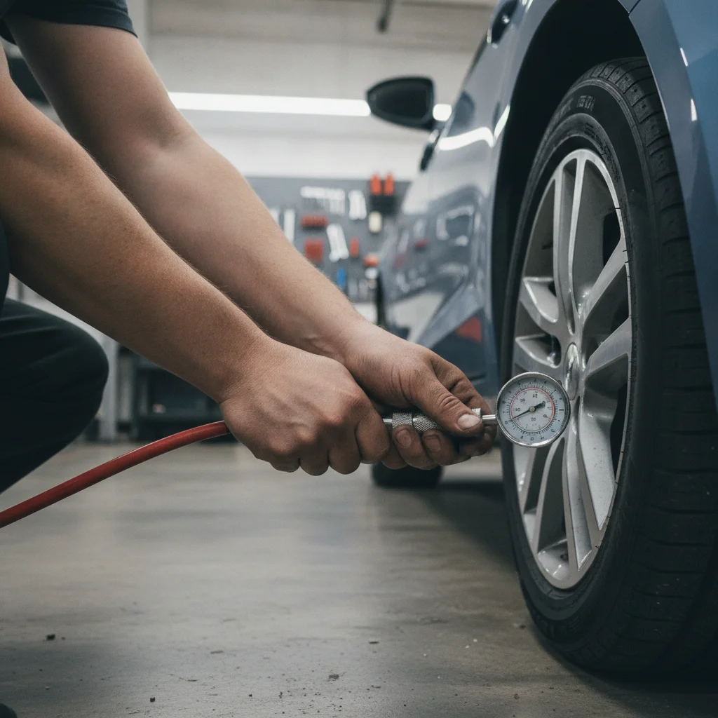 Mechanic checking tire pressure with a gauge in a bright, clean automotive garage