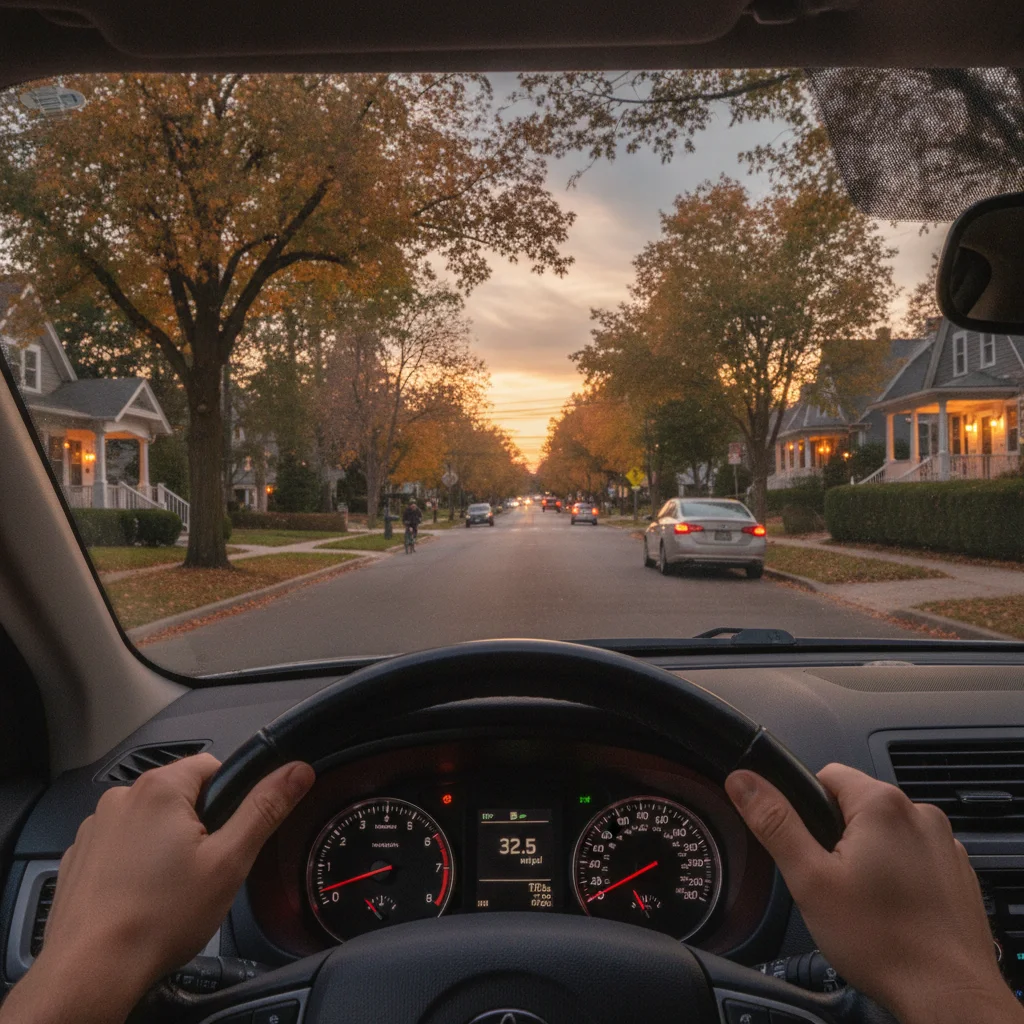 Driver perspective of calm residential street with fuel economy gauge visible on the dashboard