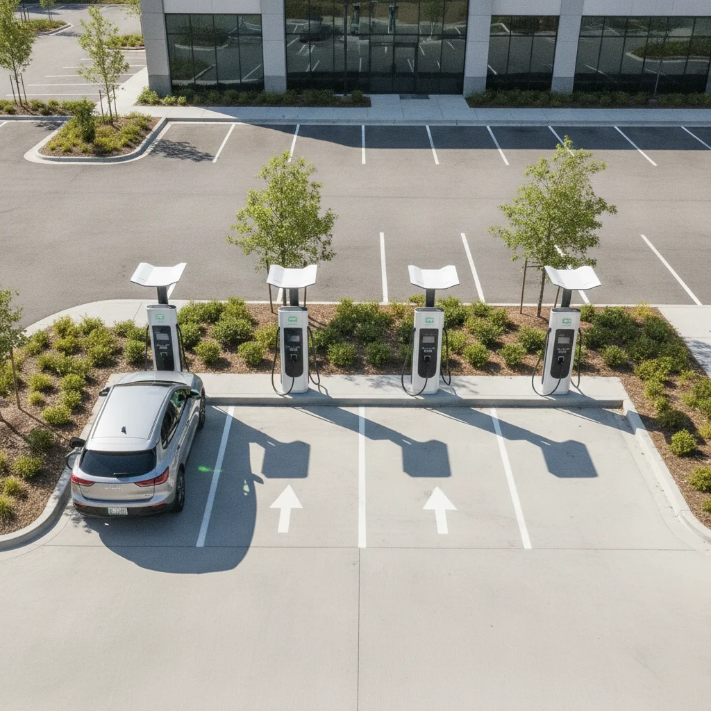 Overhead view of a DC fast charging plaza with one EV plugged in showing a green charge indicator