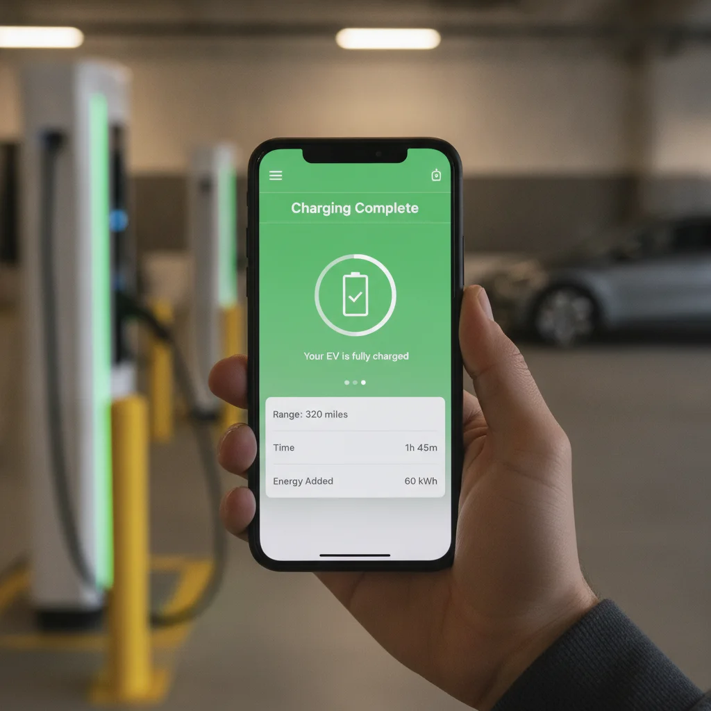 Smartphone screen displaying a charging complete notification from an EV charging app