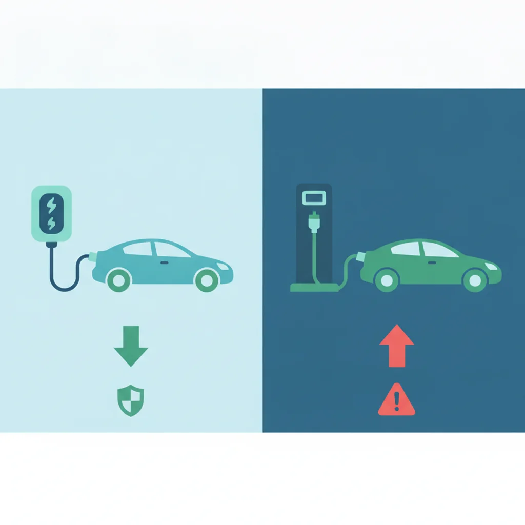 Split illustration comparing Level 2 charger and DC fast charger with idle fee risk labels