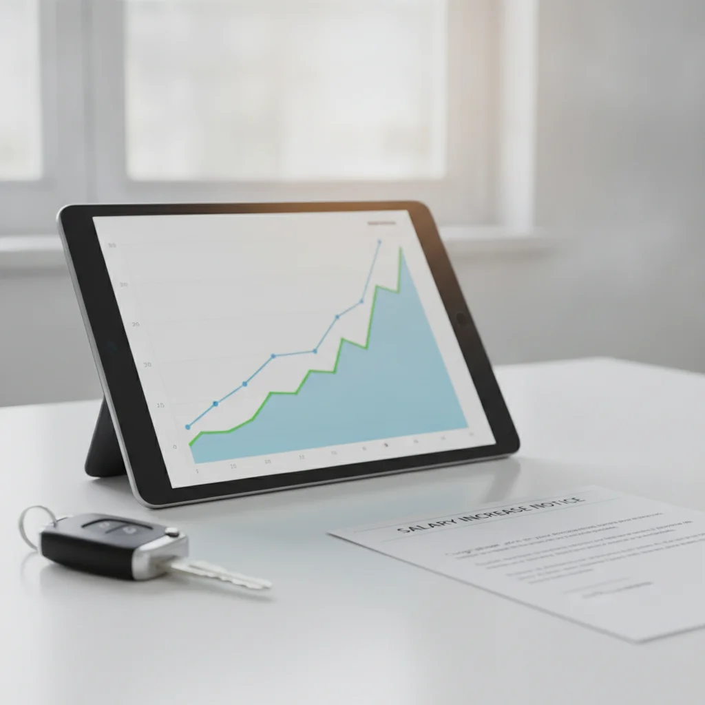 Tablet showing an upward financial graph next to car keys and a salary increase letter on a desk