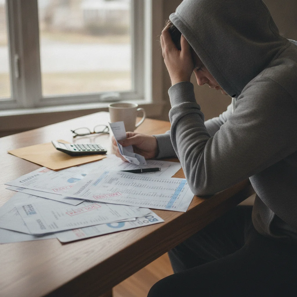 Person reviewing car loan and bills at kitchen table after income reduction, documents spread out