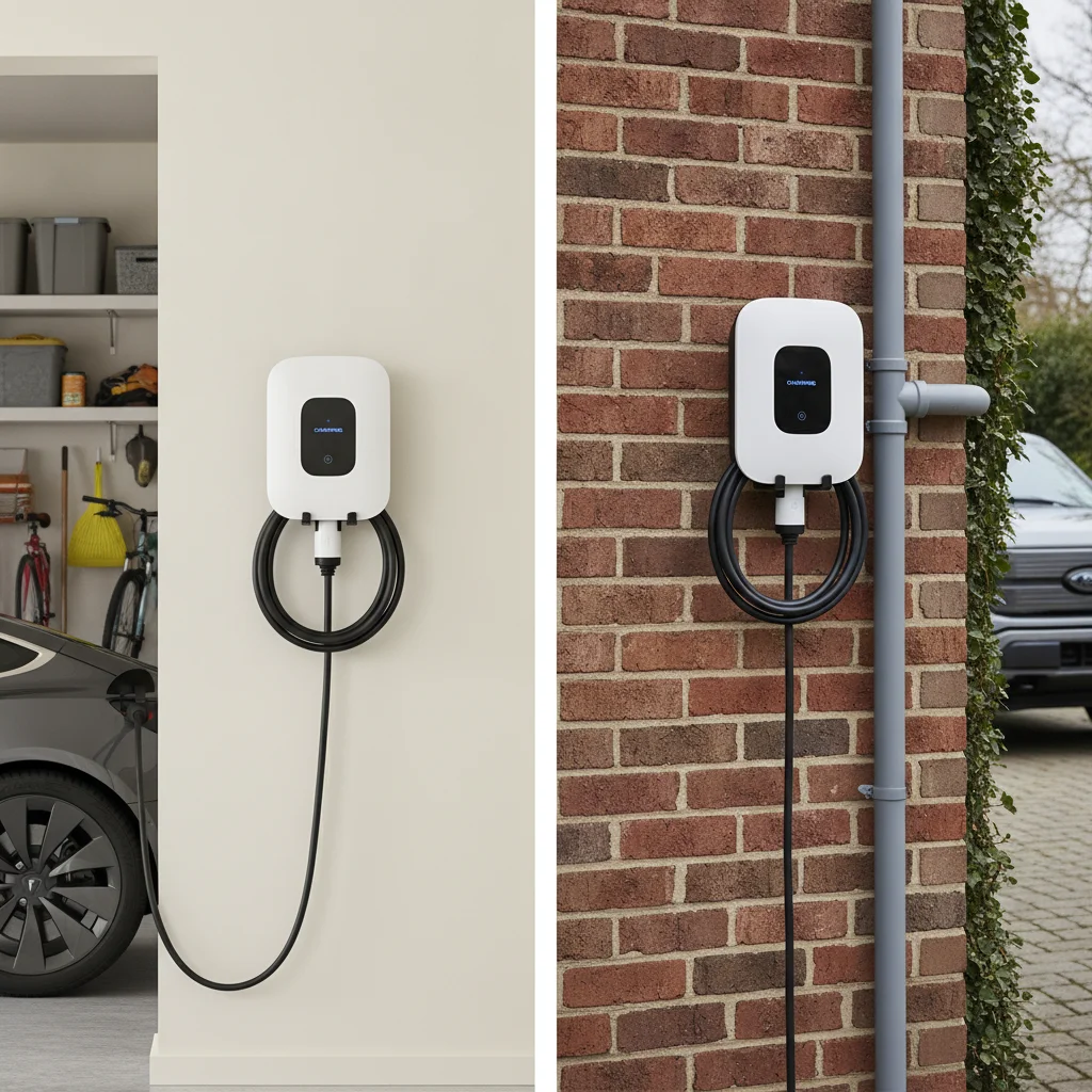 Side-by-side comparison of indoor garage EV charger installation and outdoor wall-mounted EV charger with weatherproof conduit