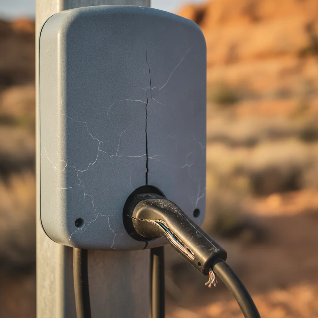 Close-up of an outdoor EV charger showing UV-faded enclosure and a cracked cable jacket from prolonged sun exposure