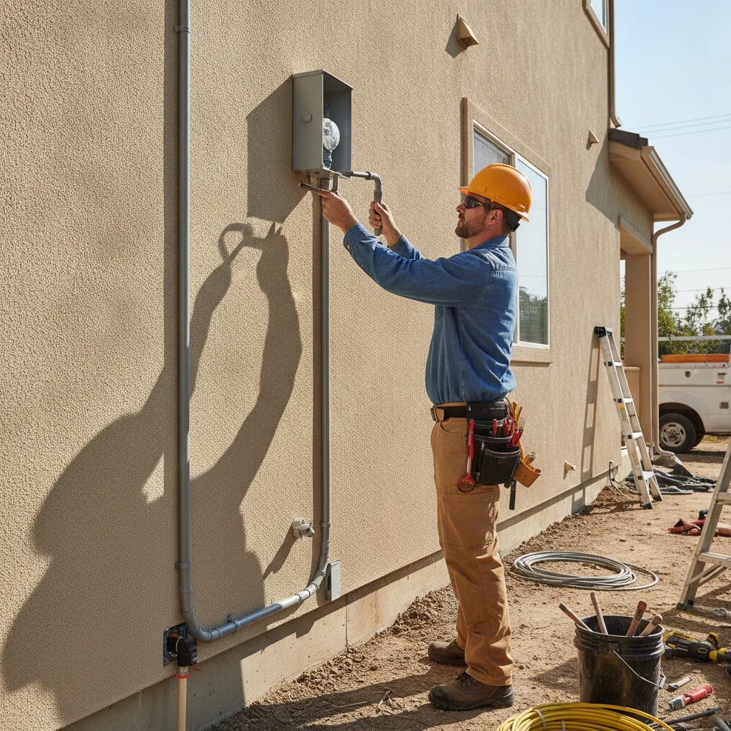 Electrician installing liquid-tight conduit along an exterior wall for an outdoor EV charger installation