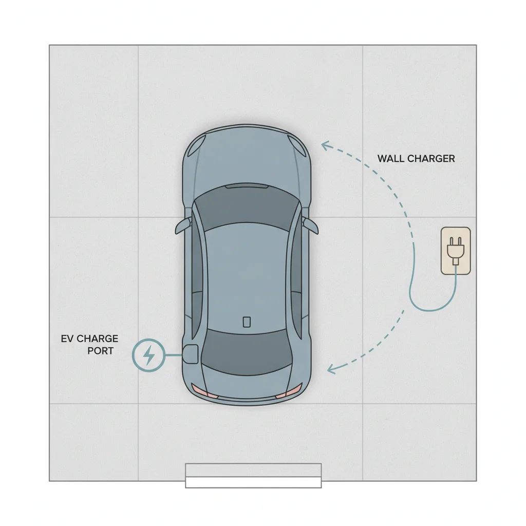 Floor plan diagram showing an EV parked in a garage with cable reach arc from a wall-mounted charger to the vehicle charge port