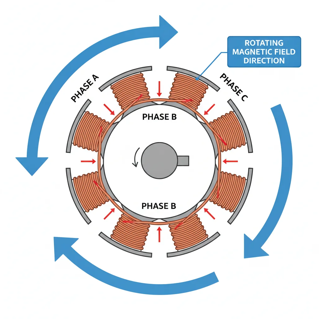 Diagram of electric motor stator coils surrounding a rotor with arrows showing rotating magnetic field direction