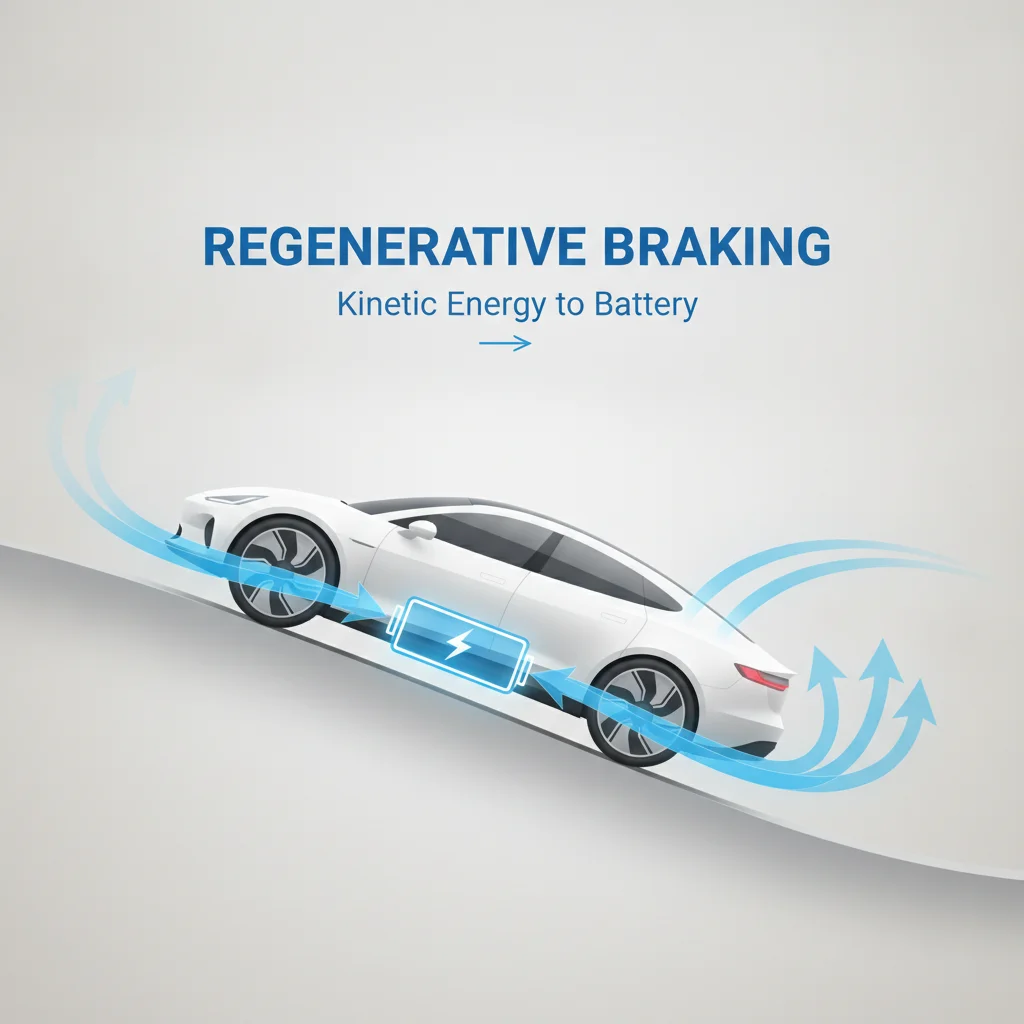 Infographic showing energy flow from wheels back to battery during regenerative braking in an electric vehicle