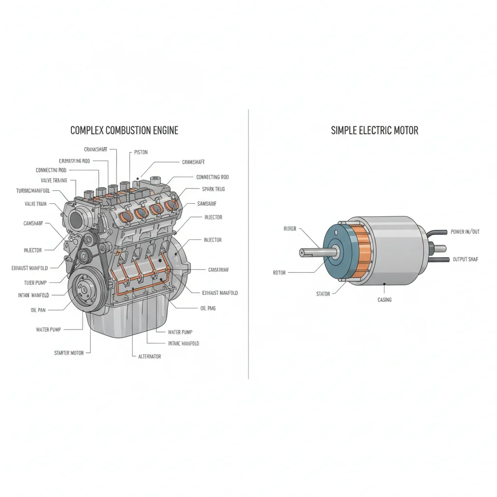 Side-by-side comparison of a combustion engine with many parts versus a simple electric motor assembly with fewer components
