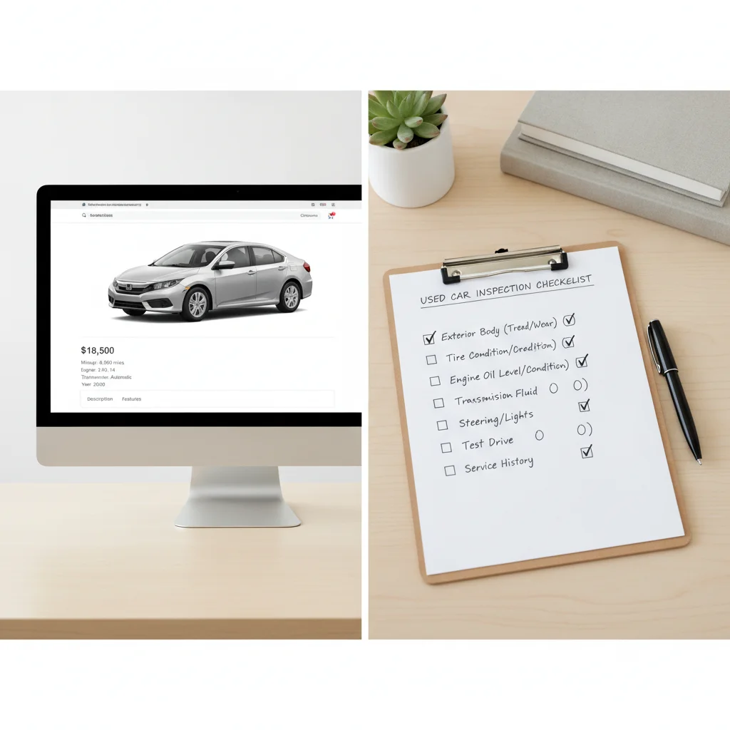 A computer screen showing a car listing alongside a printed inspection checklist on a desk