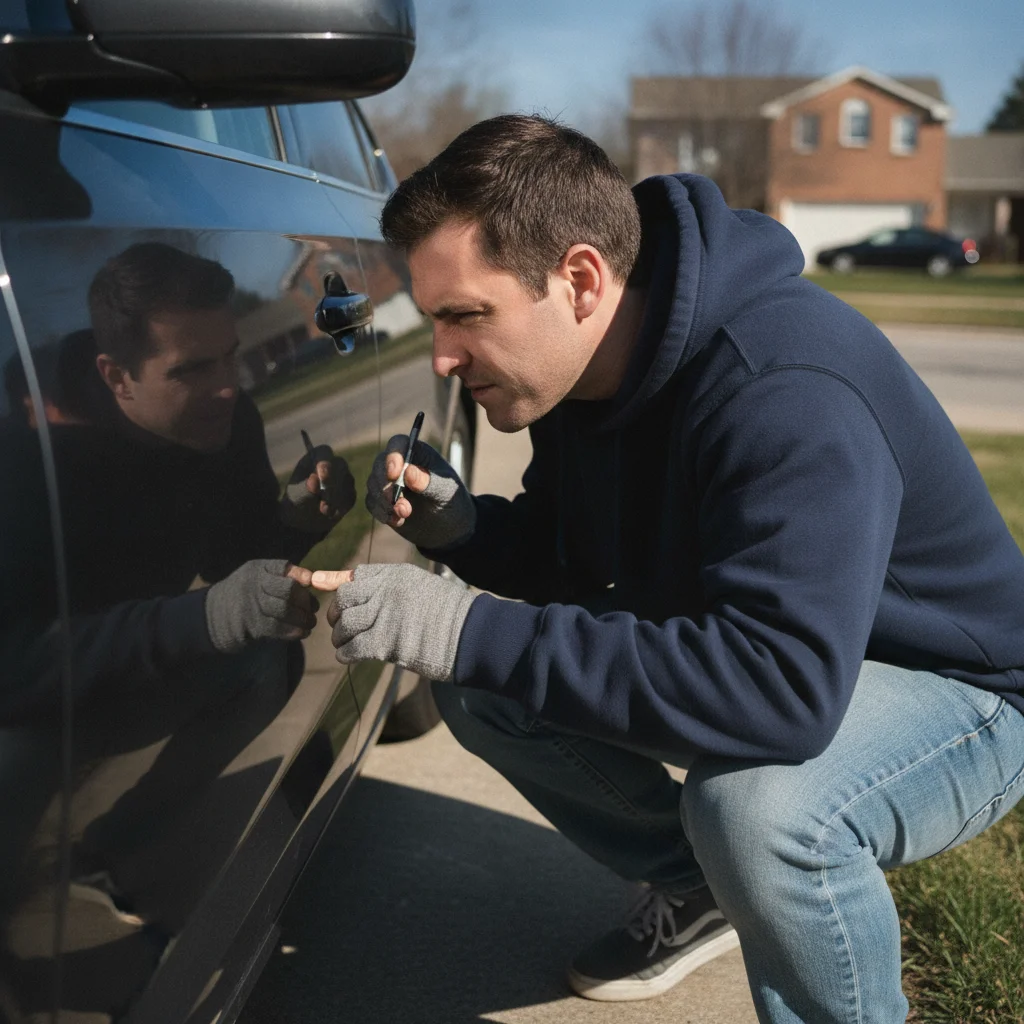 A buyer crouching beside a car door examining paint and panel gaps during a delivery inspection