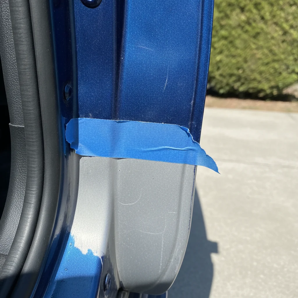 A car door jamb revealing mismatched paint colors indicating prior bodywork repair