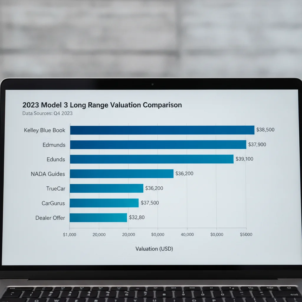 Laptop screen displaying a bar chart comparing car valuation estimates from multiple sources