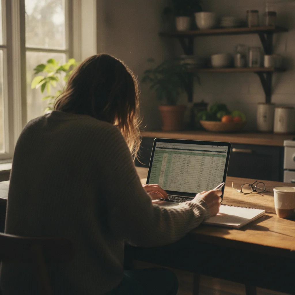 Person at a kitchen table reviewing car valuation notes beside a laptop