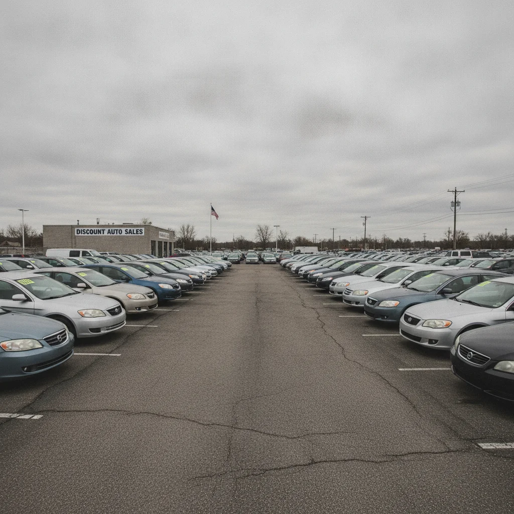 Rows of used cars on a dealer lot under an overcast sky