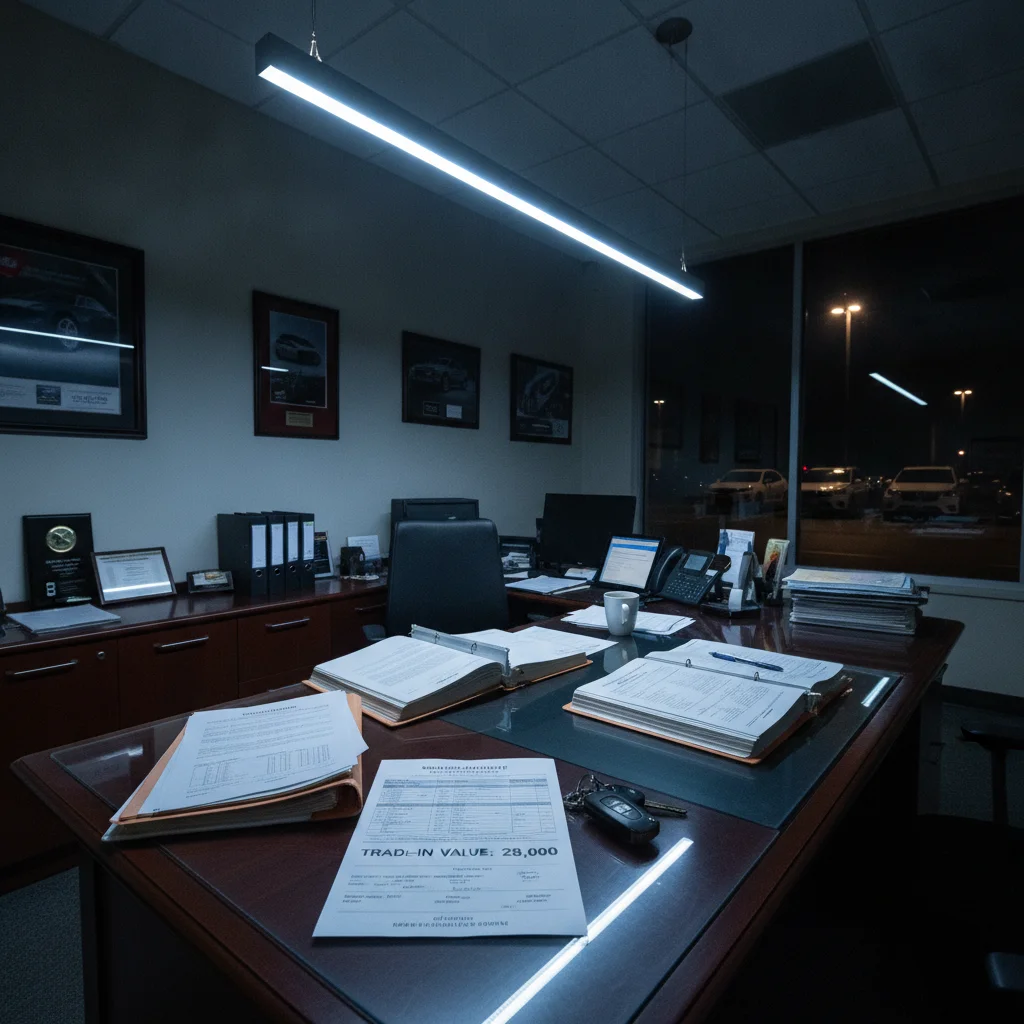 Dealership desk with trade-in appraisal form and car key visible under overhead lighting