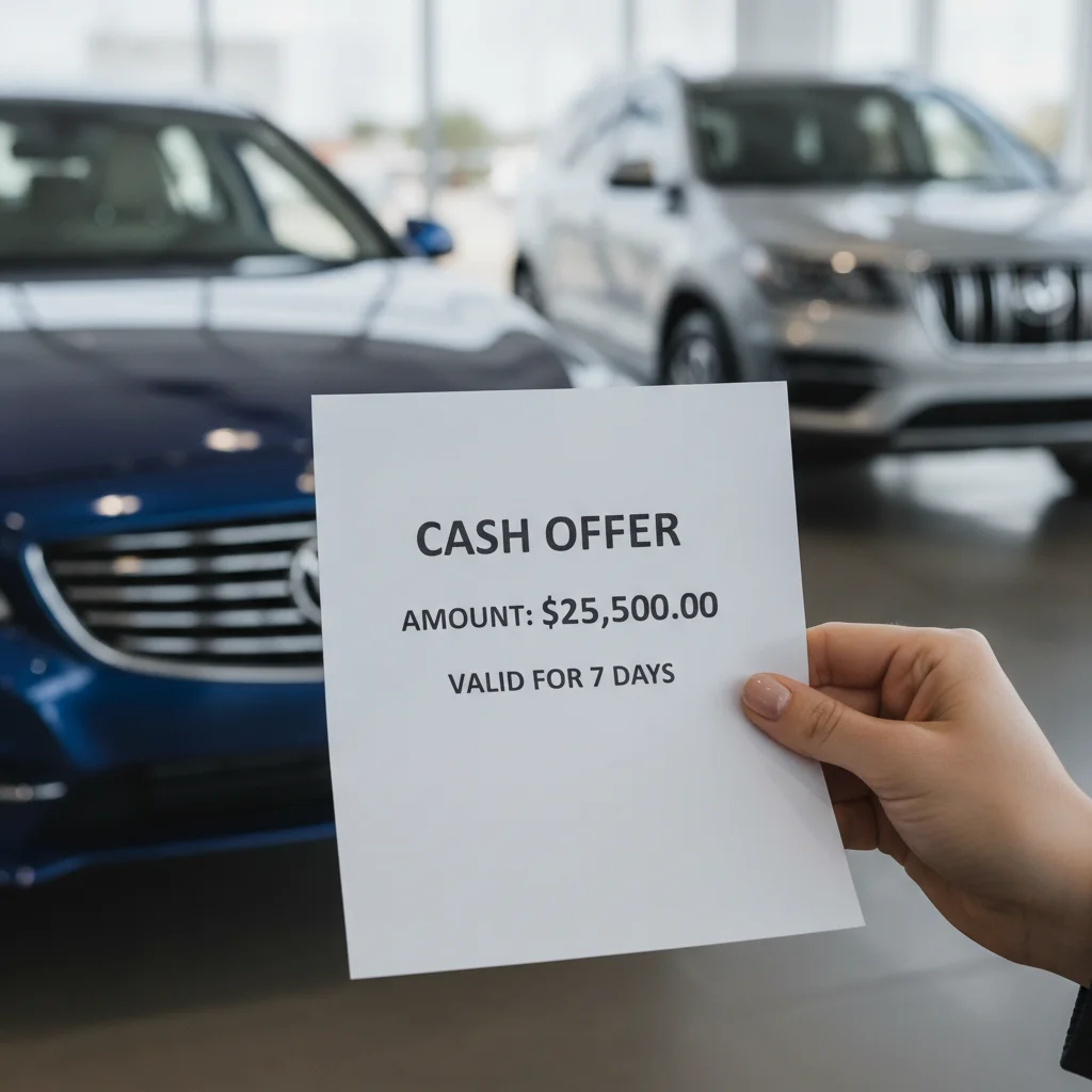 Hand holding a printed instant cash offer document inside a car dealership showroom