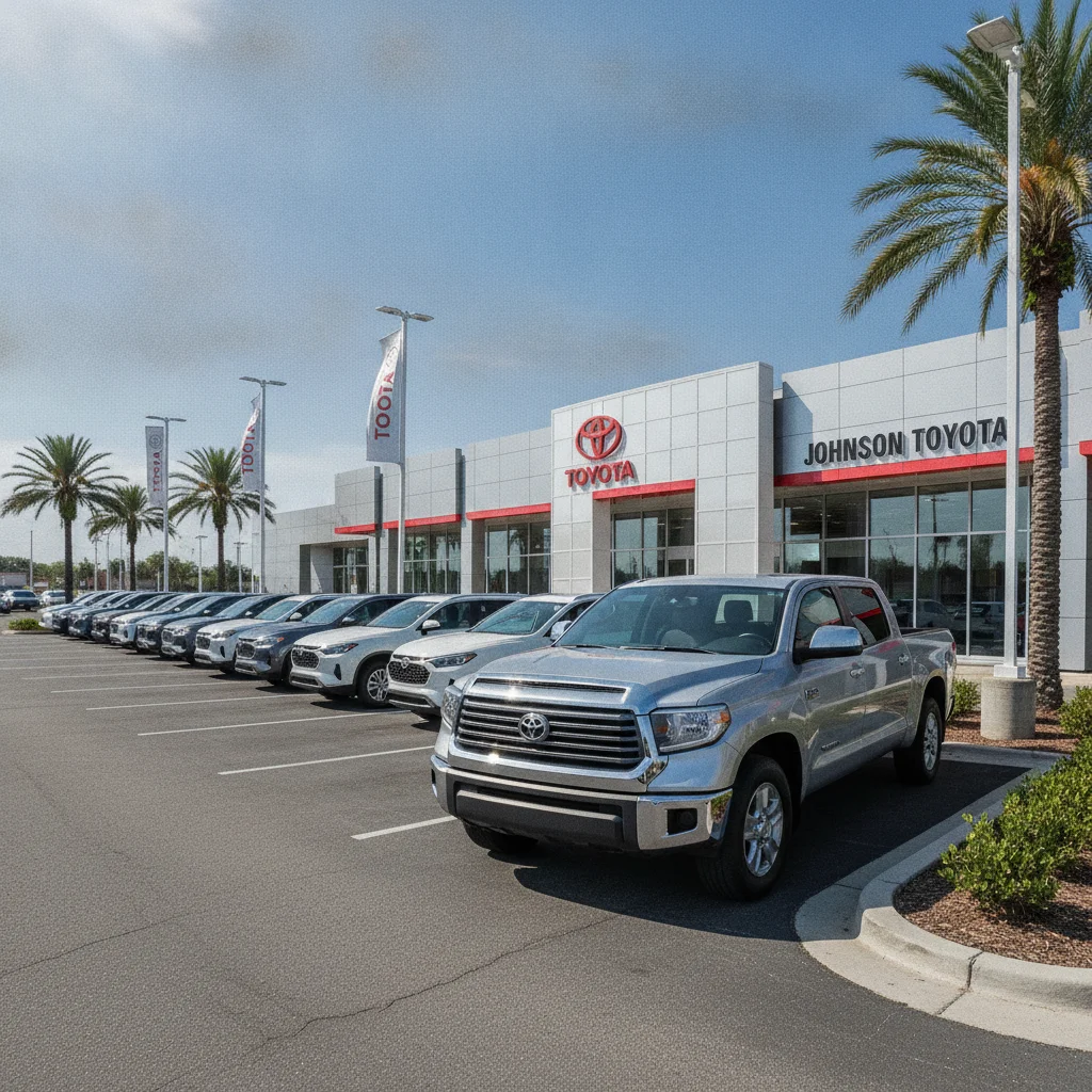 Late-model pickup truck parked on a franchise dealership lot under bright sunlight