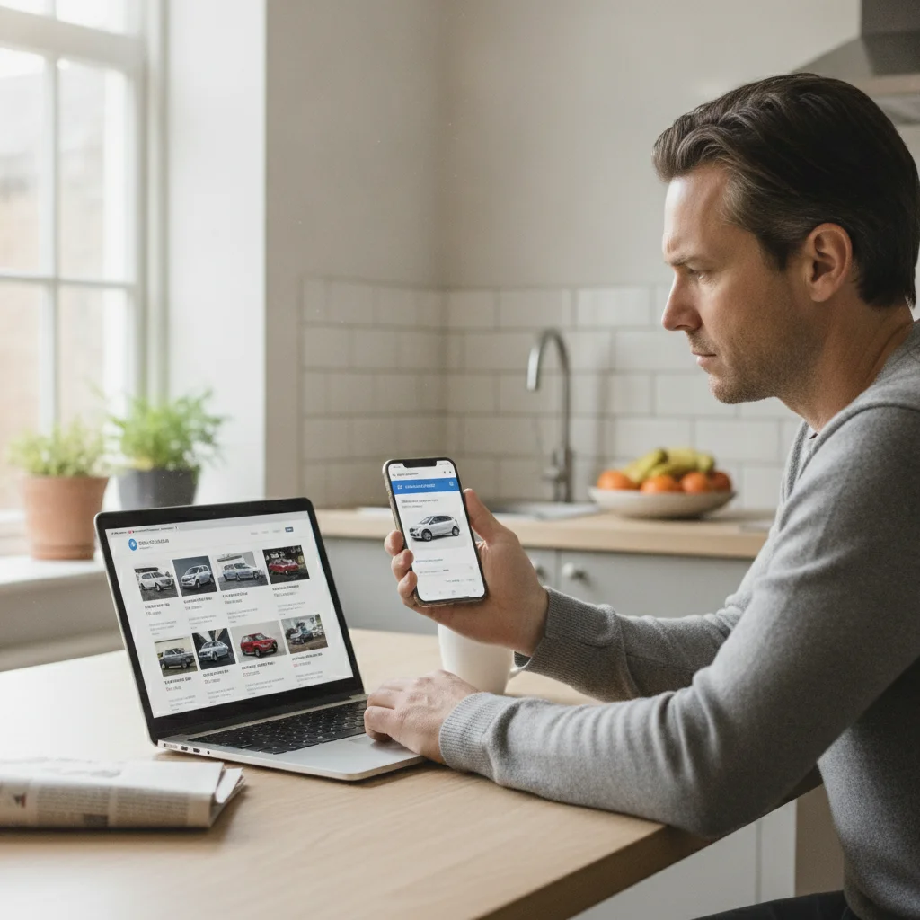 Person comparing car selling options on a laptop and smartphone at a kitchen table in natural light