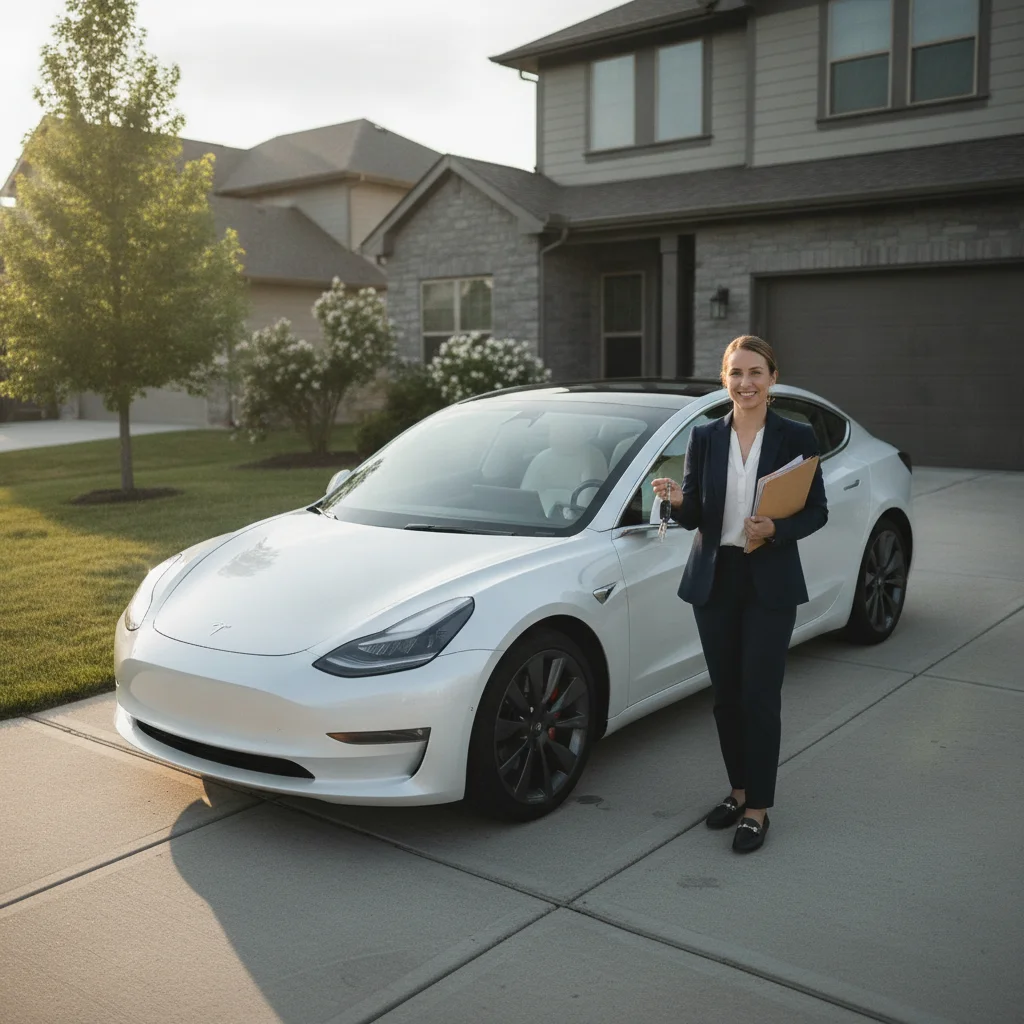 Car seller standing in a residential driveway holding keys and paperwork before completing a vehicle sale