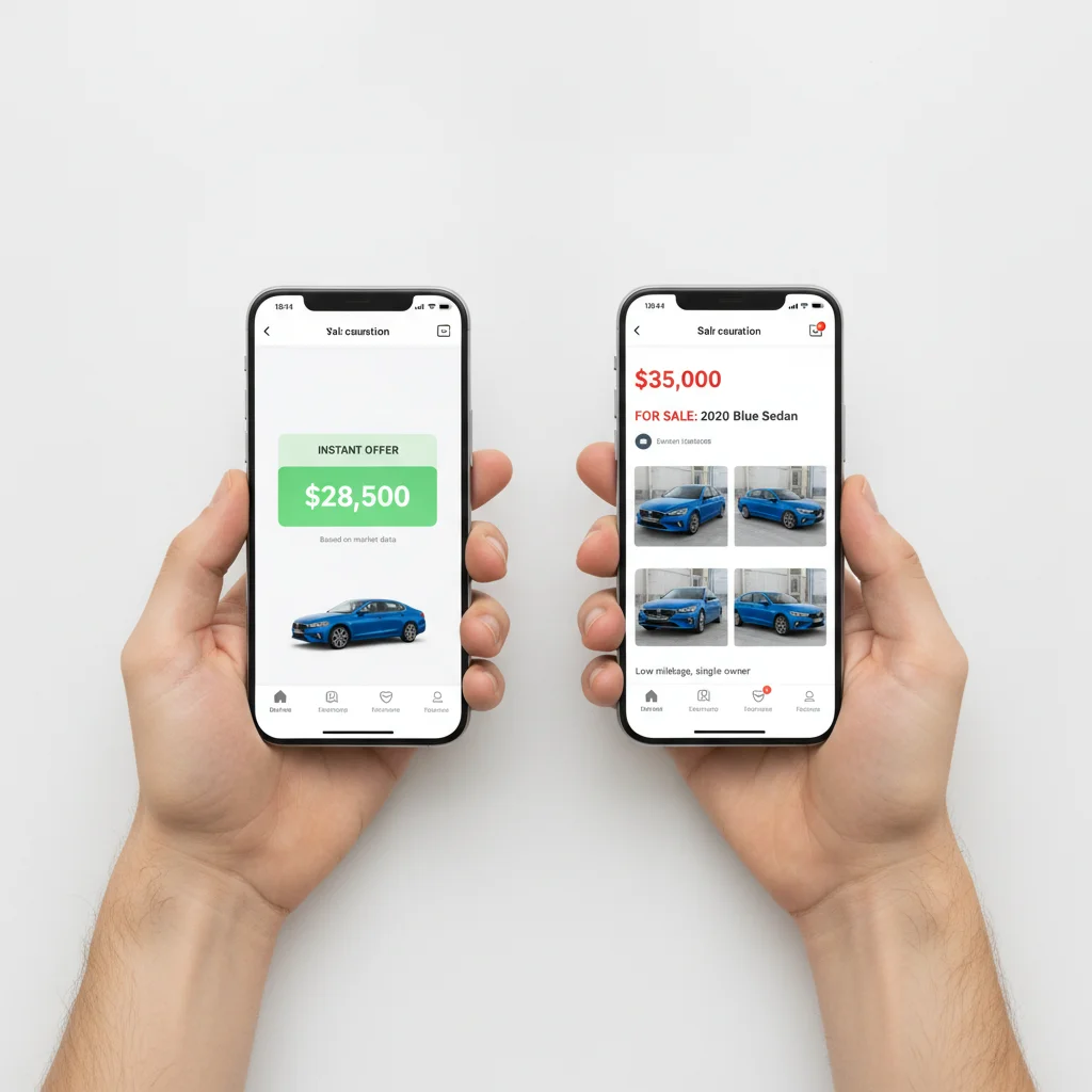Two smartphones showing an instant offer price versus a higher private sale asking price.