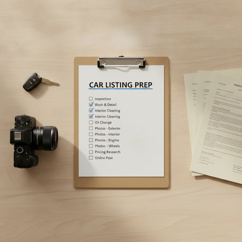 Private car sale preparation materials including checklist, keys, and paperwork on a desk.