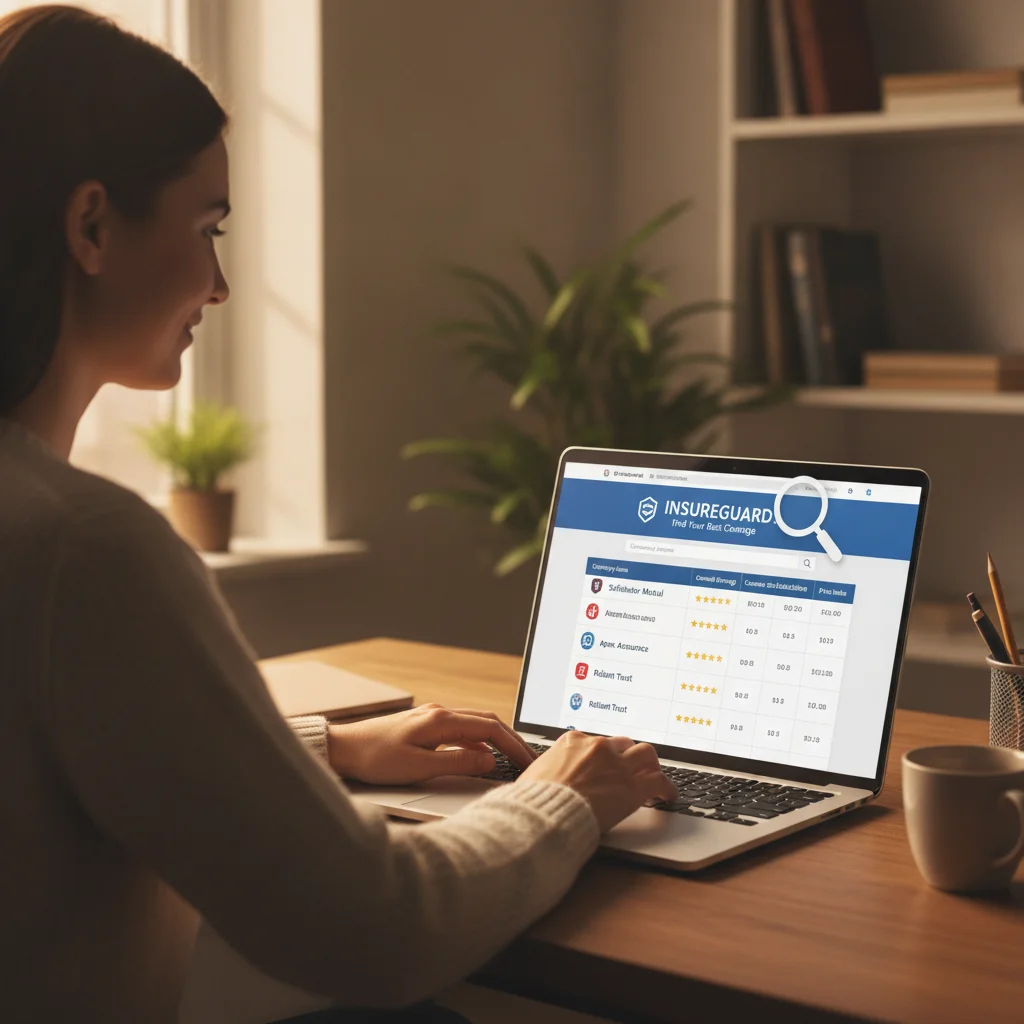 Person researching insurer financial strength ratings on a laptop at a desk