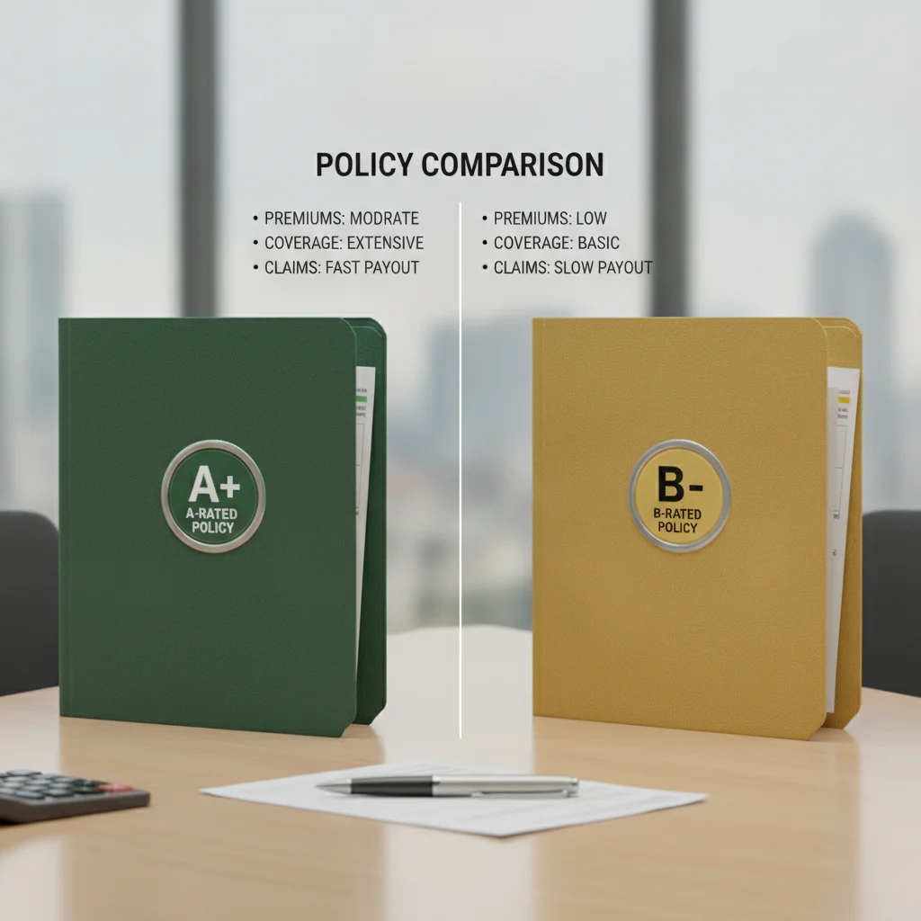 Two insurance policy folders side by side, one with an A rating badge and one with a B rating badge