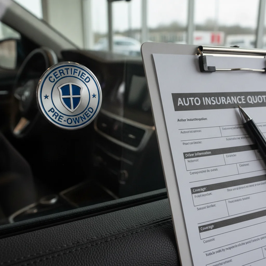 CPO certification sticker on a car window next to an auto insurance quote form on a clipboard