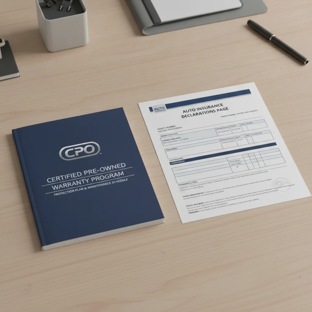 CPO warranty booklet and auto insurance declarations page side by side on a clean desk