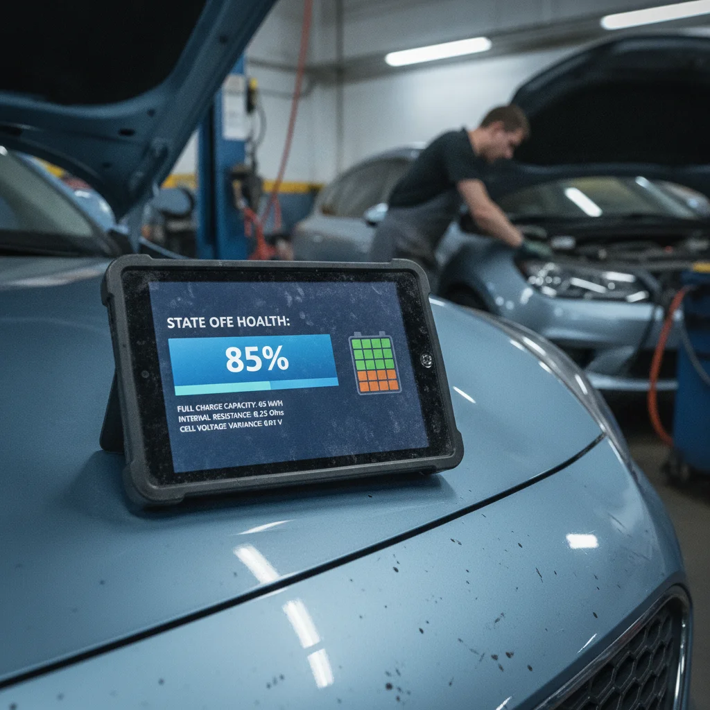 A tablet displaying EV battery state-of-health diagnostics resting on the hood of a used electric vehicle