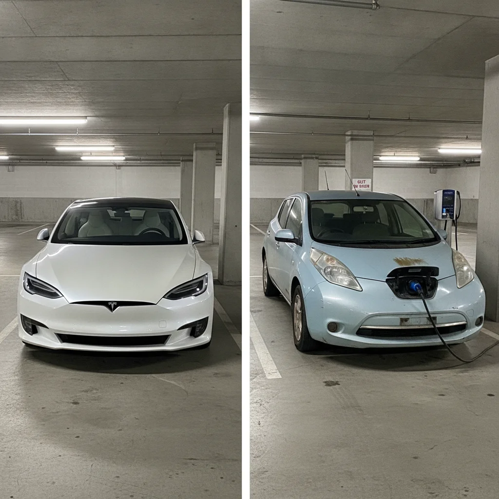A new electric vehicle and an older used electric vehicle parked side by side in a parking structure