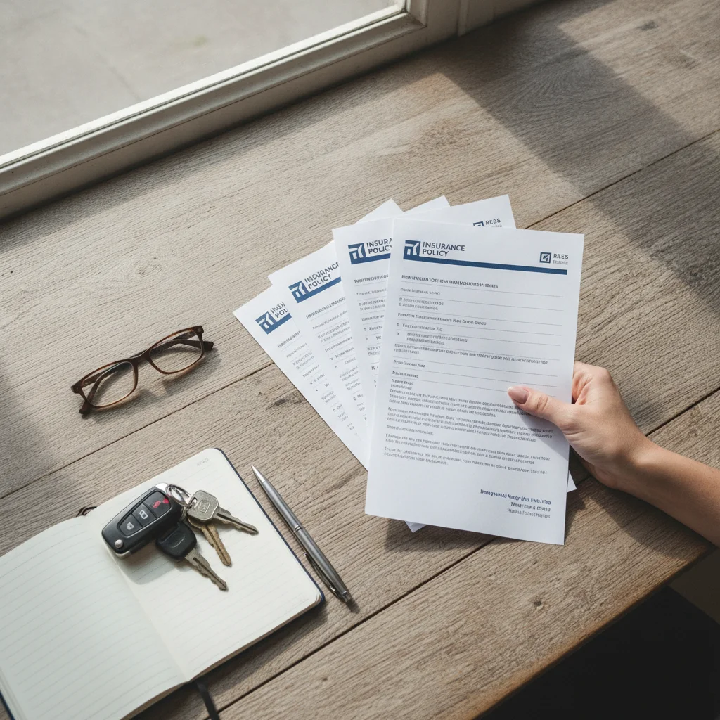 Multiple insurance policy documents fanned out next to used car keys on a wooden desk