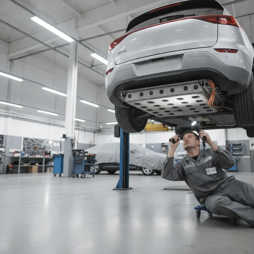 A mechanic inspecting the battery pack of a used electric vehicle raised on a lift in an auto shop