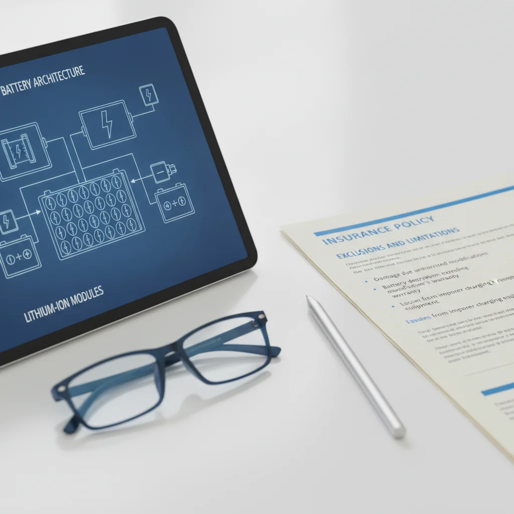 EV battery pack diagram on a tablet next to an open insurance policy showing exclusion clauses
