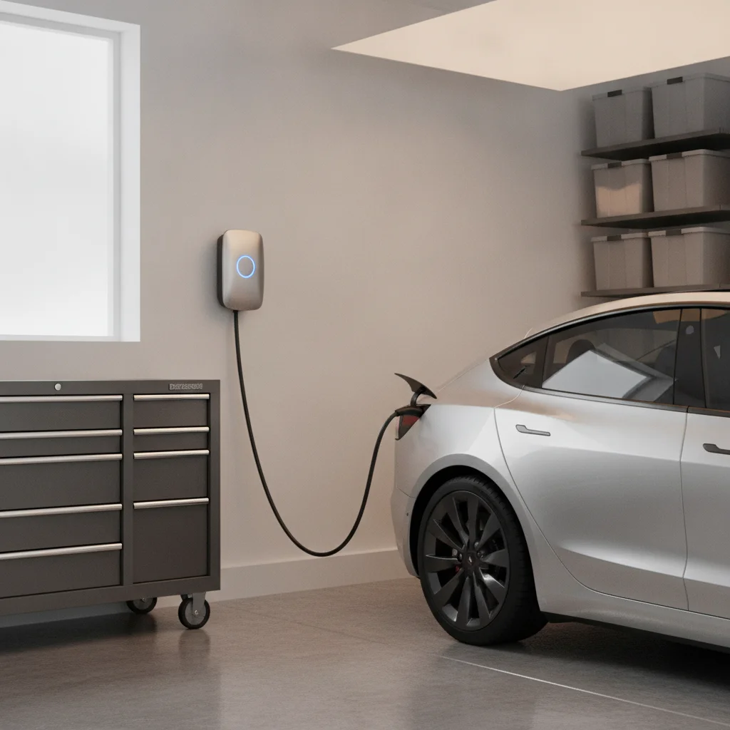 Level 2 home EV charging station mounted on garage wall with cable plugged into electric vehicle