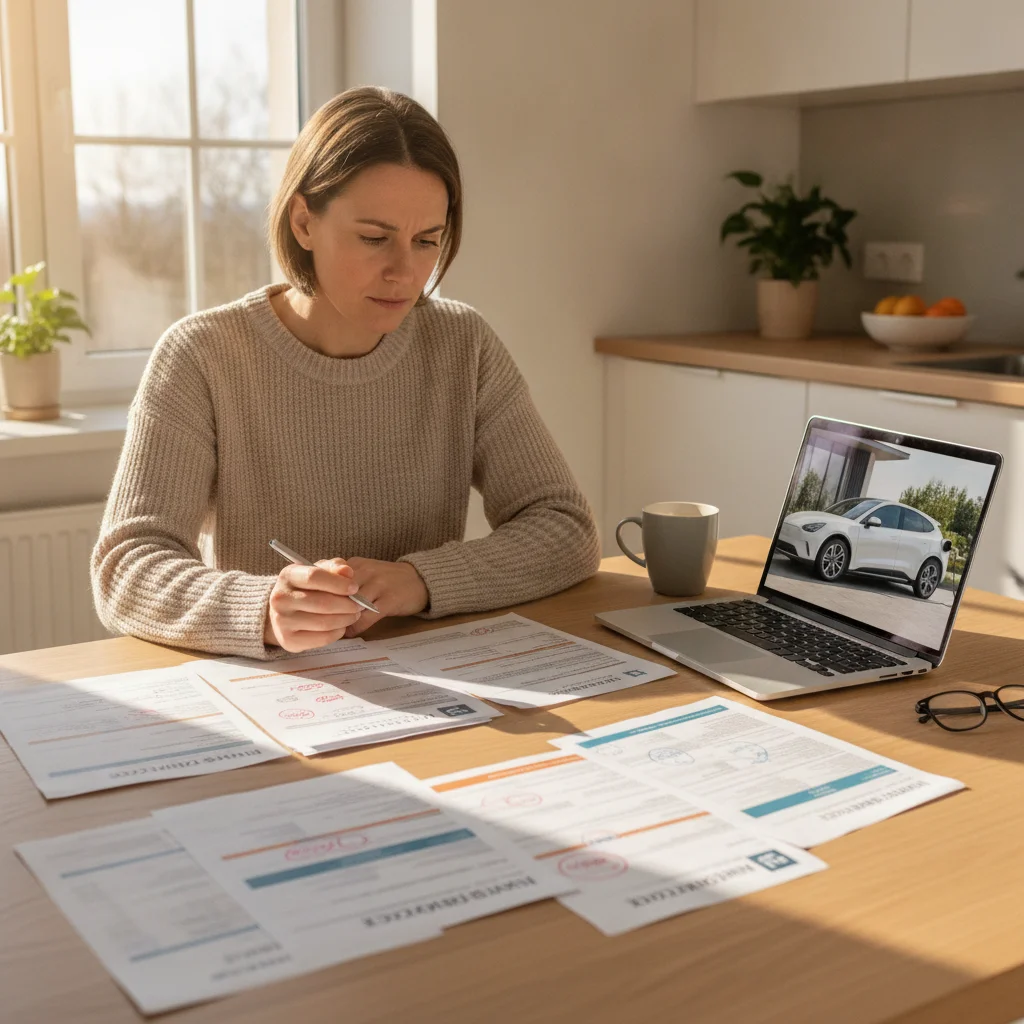 Person comparing multiple EV insurance quote documents side by side at a kitchen table with a laptop