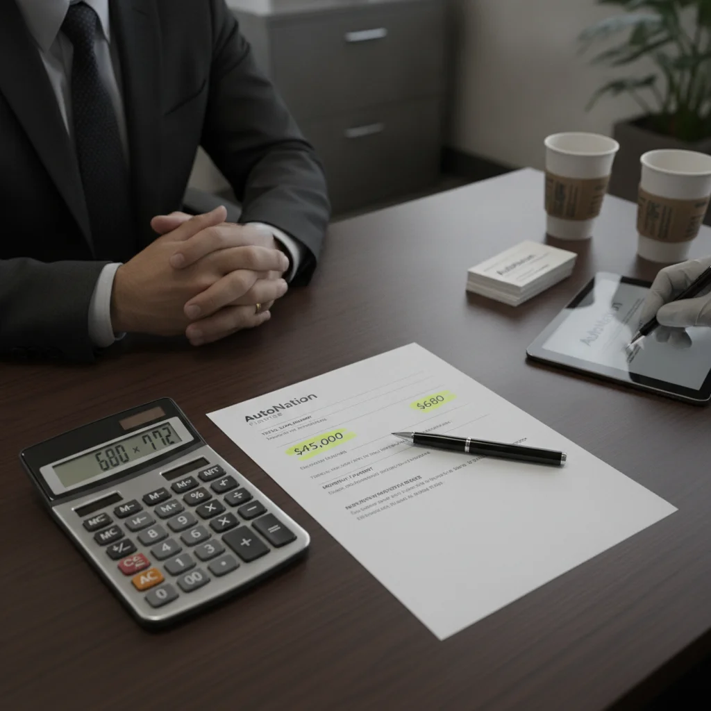 Car loan document on a dealership finance desk with two key figures highlighted