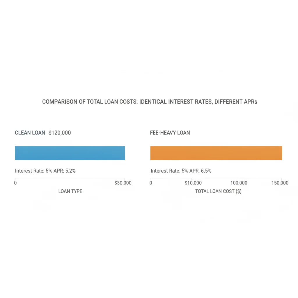 Bar chart comparison showing total loan cost difference between clean loan and fee-heavy loan with same interest rate