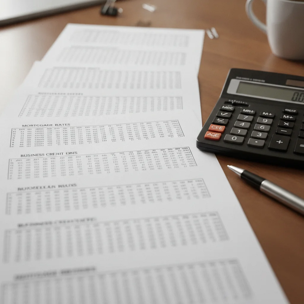 Multiple loan rate comparison sheets arranged side by side on a desk with a calculator and pen