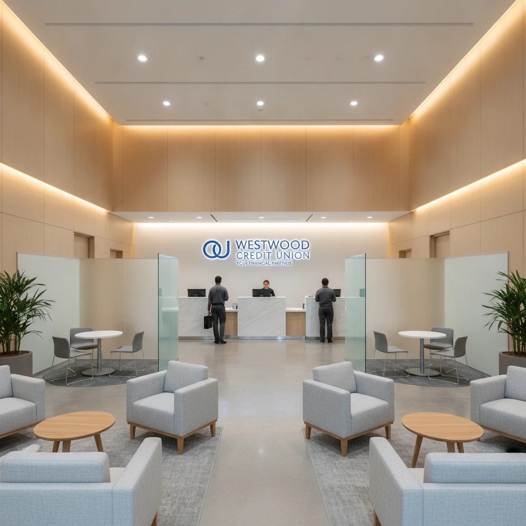 Modern credit union branch interior with clean signage and open teller counters