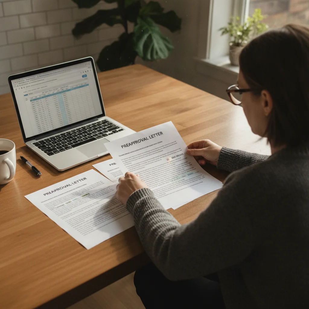 Three printed preapproval letters spread on a kitchen table next to an open laptop
