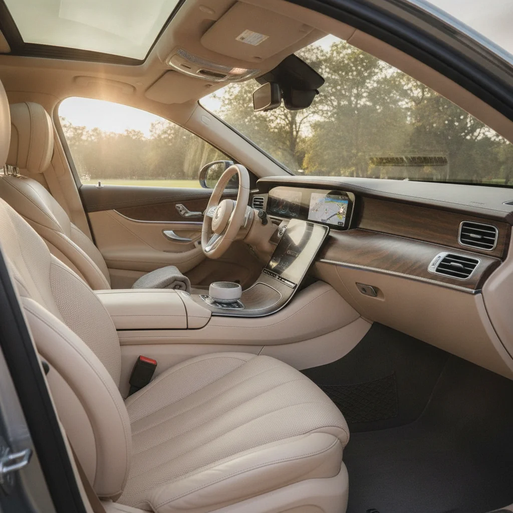 Car interior viewed from open driver's door showing clean dashboard and front seats in natural light