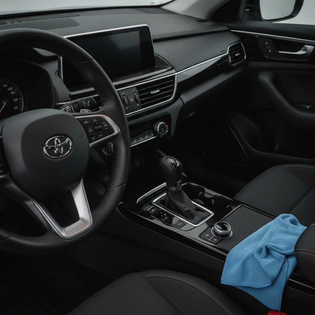 Close-up of a clean car steering wheel, center console, and gear shifter after detailing